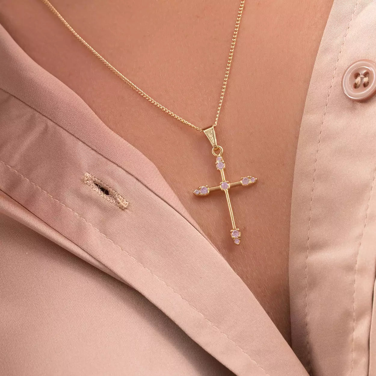 Dije Cruz  Tubular 9 circonias ROSADO