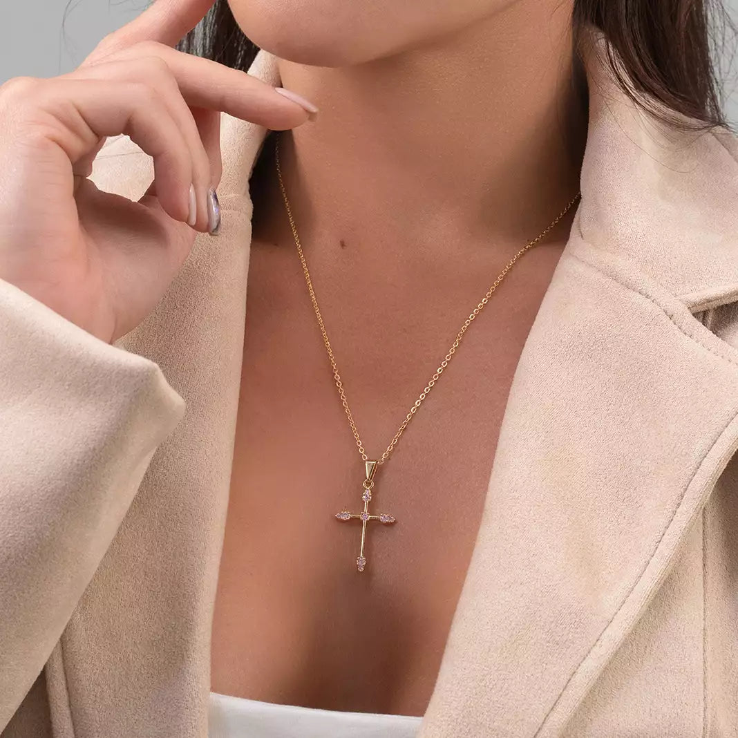 Dije Cruz  Tubular 9 circonias ROSADO